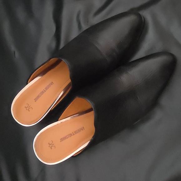 Johnston & Murphy Black 100% Leather Mules Slip On Block Heel 2.5 Shoe SZ 7.5 US - Picture 1 of 11